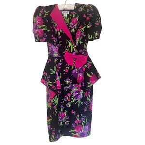 Vintage Melissa 80s/90s Floral Peplum Dress Black Pink Purple Puff Sleeve Size 6